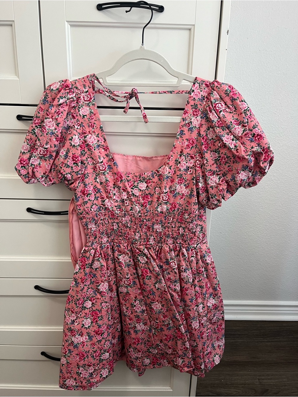 MABLE Pink Floral Puff Sleeve Square Neck Babydoll Mini Dress - Picture 3 of 3